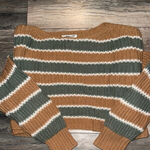 American Eagle Outfitters Striped Crew Neck Sweater - Tan, Green, and White